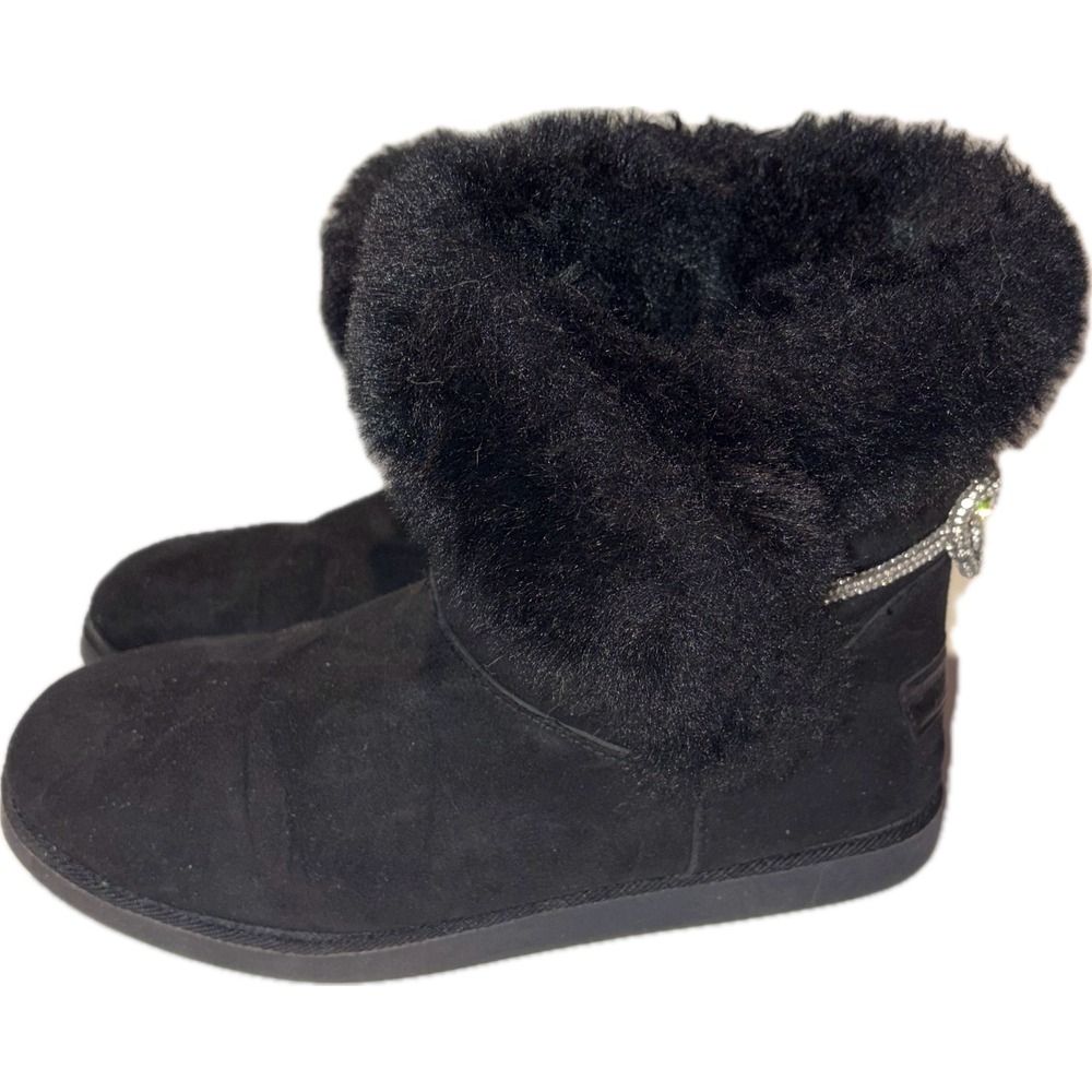 Juicy Couture Ken Rhinestone Bow Faux Fur Black Suede Boots 8.5 Y2K Coquette